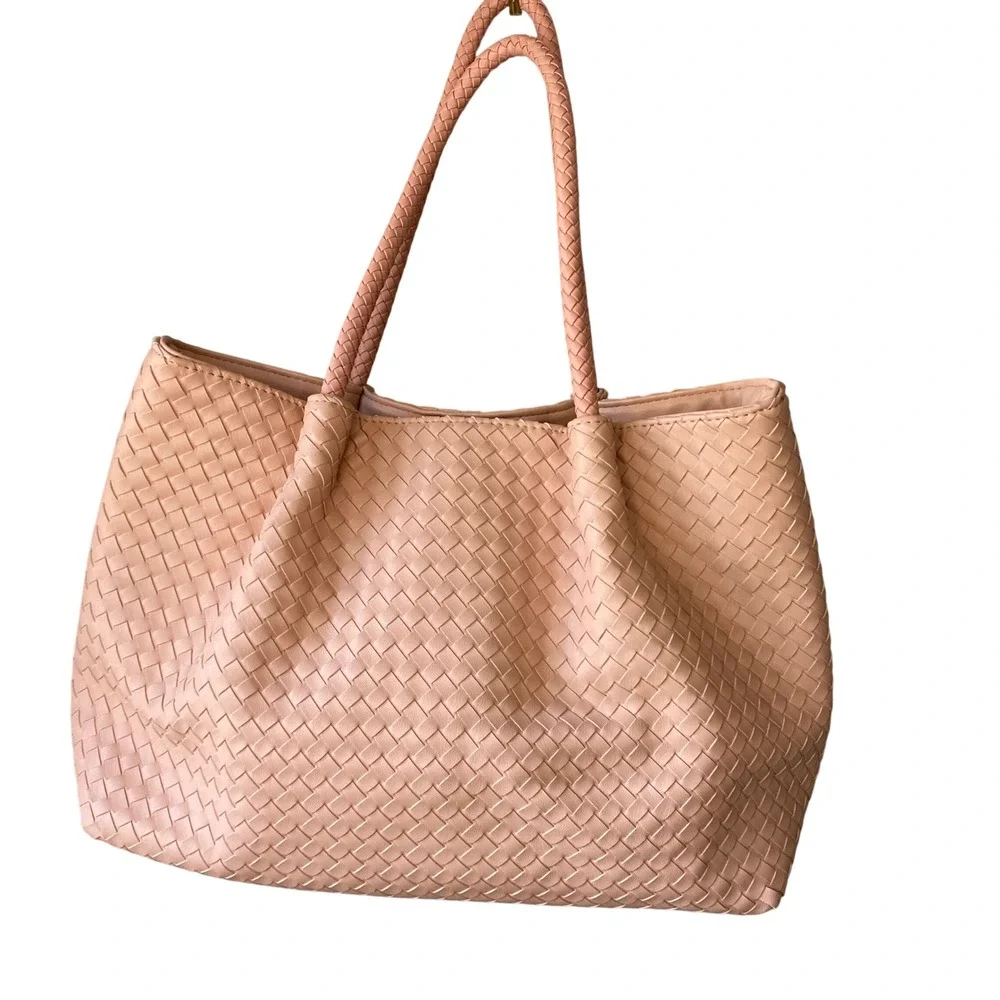LuLu Dharma Woven Vegan Leather Tote Bag Blush Pink Braided Handle Shoulder‎ Bag